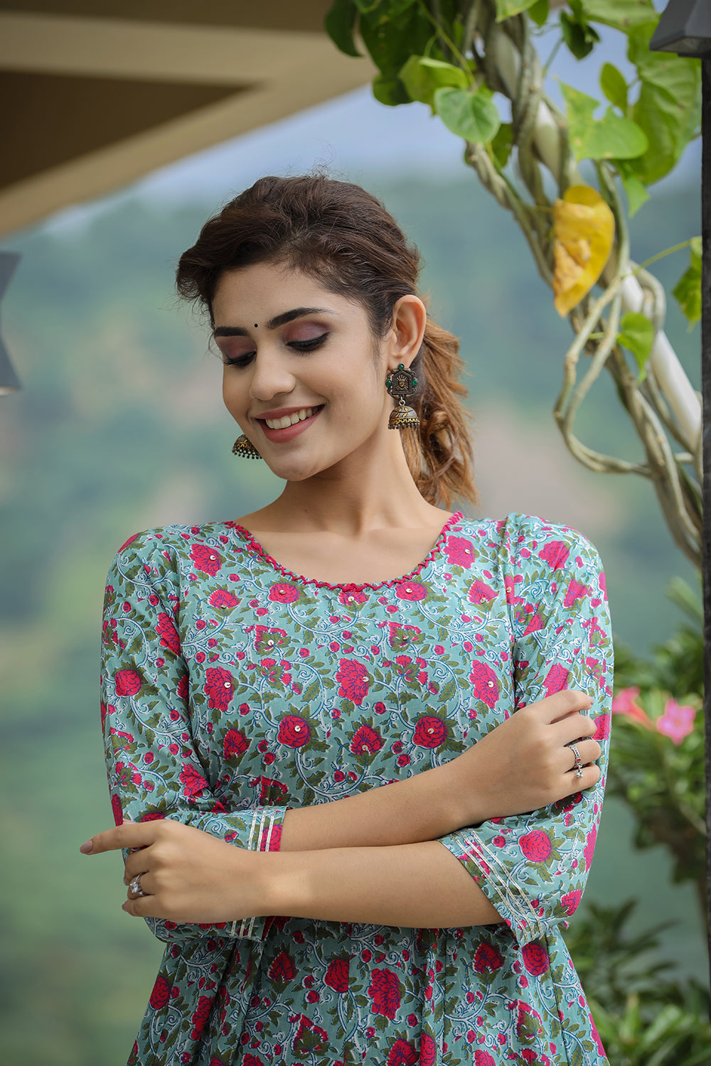 Kaajh Women's Green Pink Floral Printed Cotton Ethnic Dress - Distacart