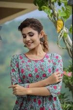 Thumbnail for Kaajh Women's Green Pink Floral Printed Cotton Ethnic Dress - Distacart
