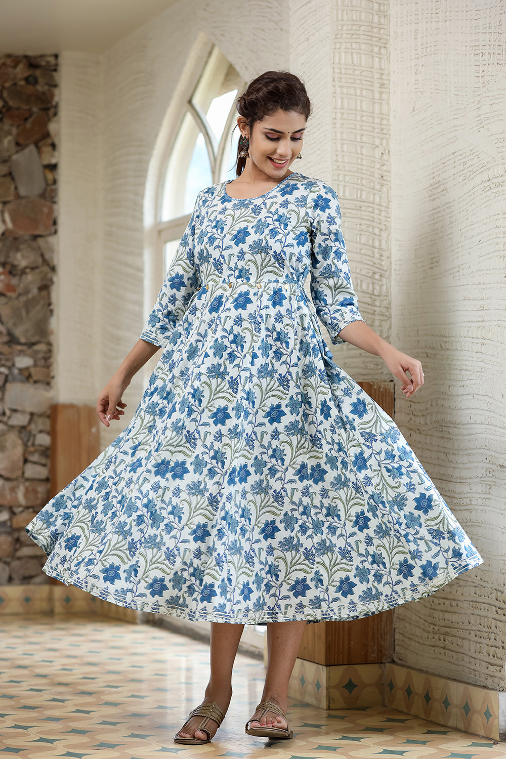 Kaajh Women's Blue Green Floral Printed Cotton Ethnic Dress - Distacart