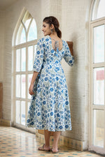 Thumbnail for Kaajh Women's Blue Green Floral Printed Cotton Ethnic Dress - Distacart