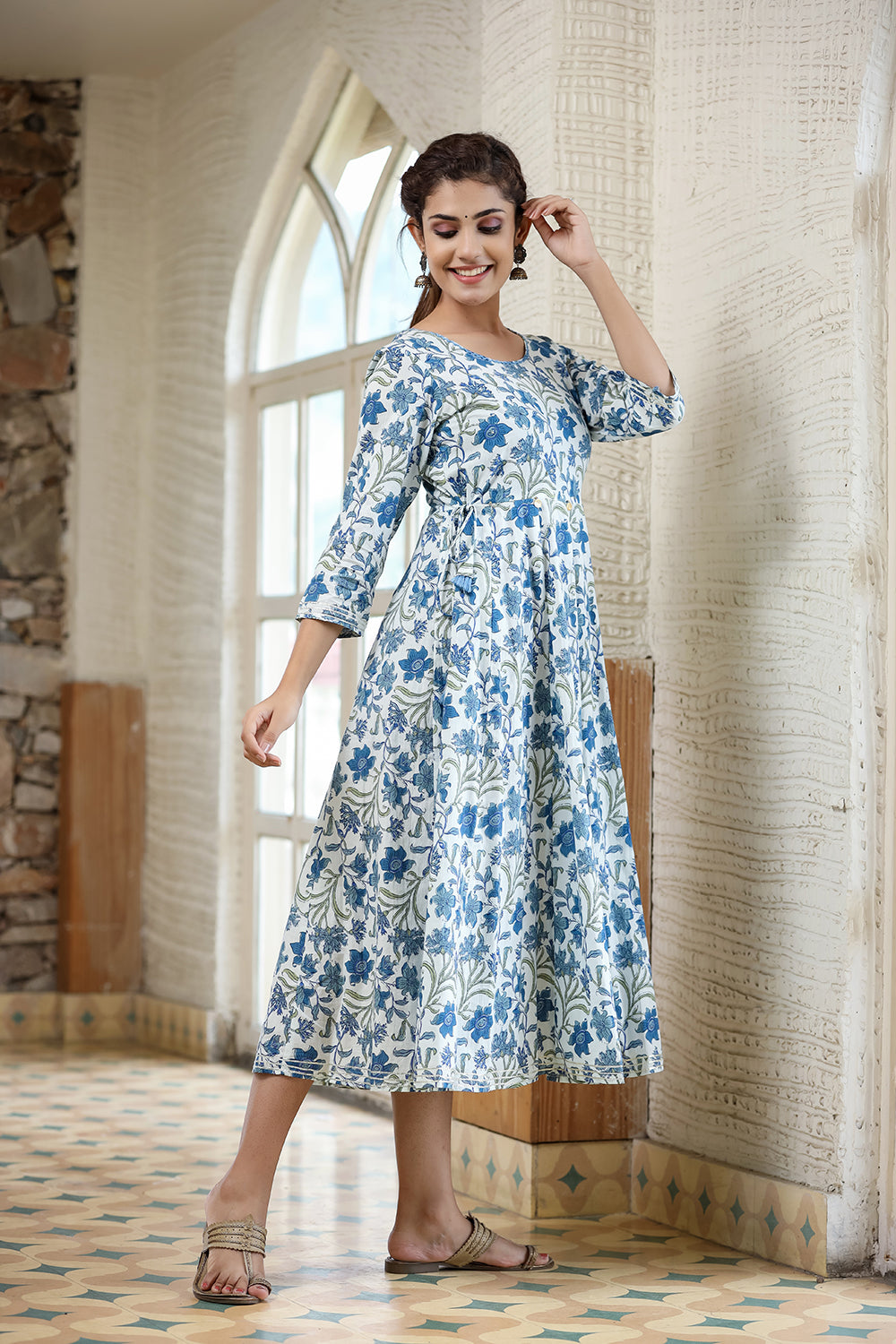 Kaajh Women's Blue Green Floral Printed Cotton Ethnic Dress - Distacart