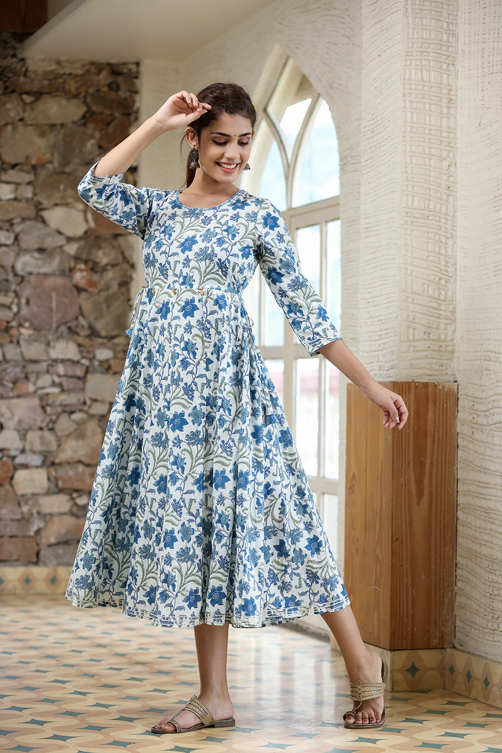 Cotton Sky Blue Flared Floral Print Ethnic Dress | Indian ethnic wear online  shopping USA – Ria Fashions