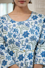 Thumbnail for Kaajh Women's Blue Green Floral Printed Cotton Ethnic Dress - Distacart