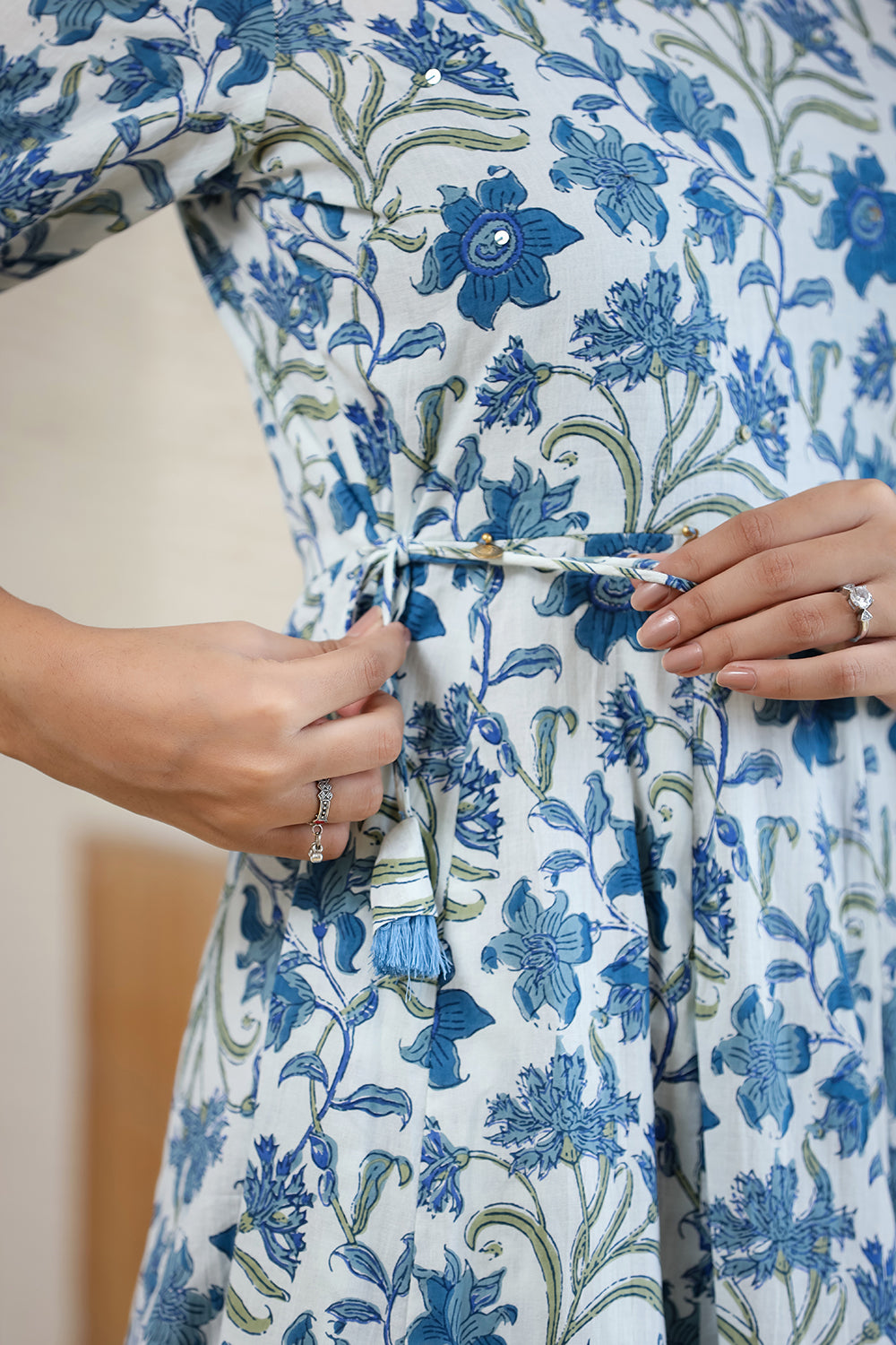 Kaajh Women's Blue Green Floral Printed Cotton Ethnic Dress - Distacart