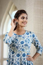 Thumbnail for Kaajh Women's Blue Green Floral Printed Cotton Ethnic Dress - Distacart