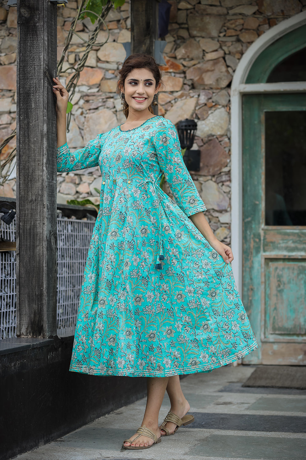 Kaajh Women's Sea Green Floral Printed Cotton Ethnic Dress - Distacart