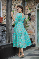 Thumbnail for Kaajh Women's Sea Green Floral Printed Cotton Ethnic Dress - Distacart