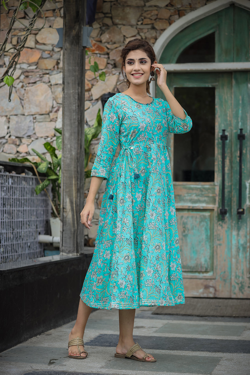 Kaajh Women's Sea Green Floral Printed Cotton Ethnic Dress - Distacart