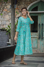 Thumbnail for Kaajh Women's Sea Green Floral Printed Cotton Ethnic Dress - Distacart