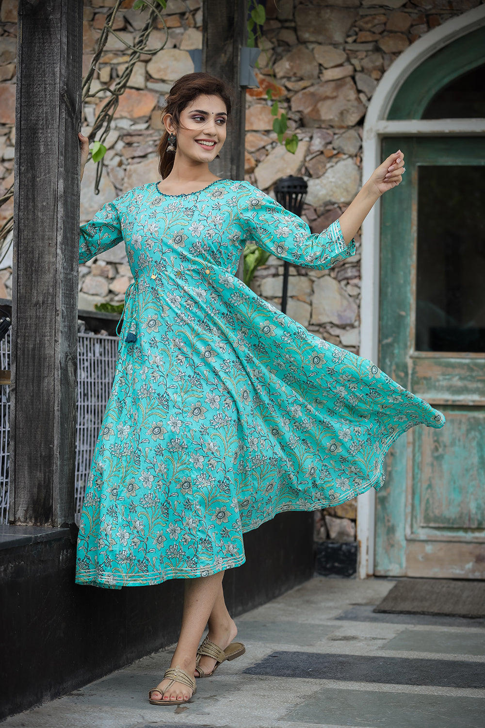 Kaajh Women's Sea Green Floral Printed Cotton Ethnic Dress - Distacart