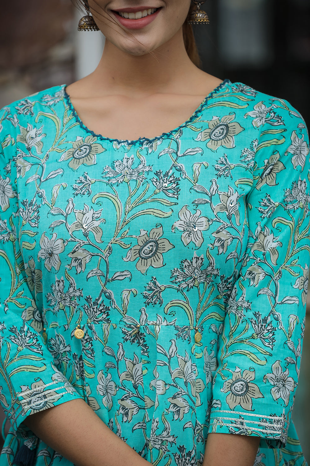 Kaajh Women's Sea Green Floral Printed Cotton Ethnic Dress - Distacart