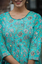 Thumbnail for Kaajh Women's Sea Green Floral Printed Cotton Ethnic Dress - Distacart