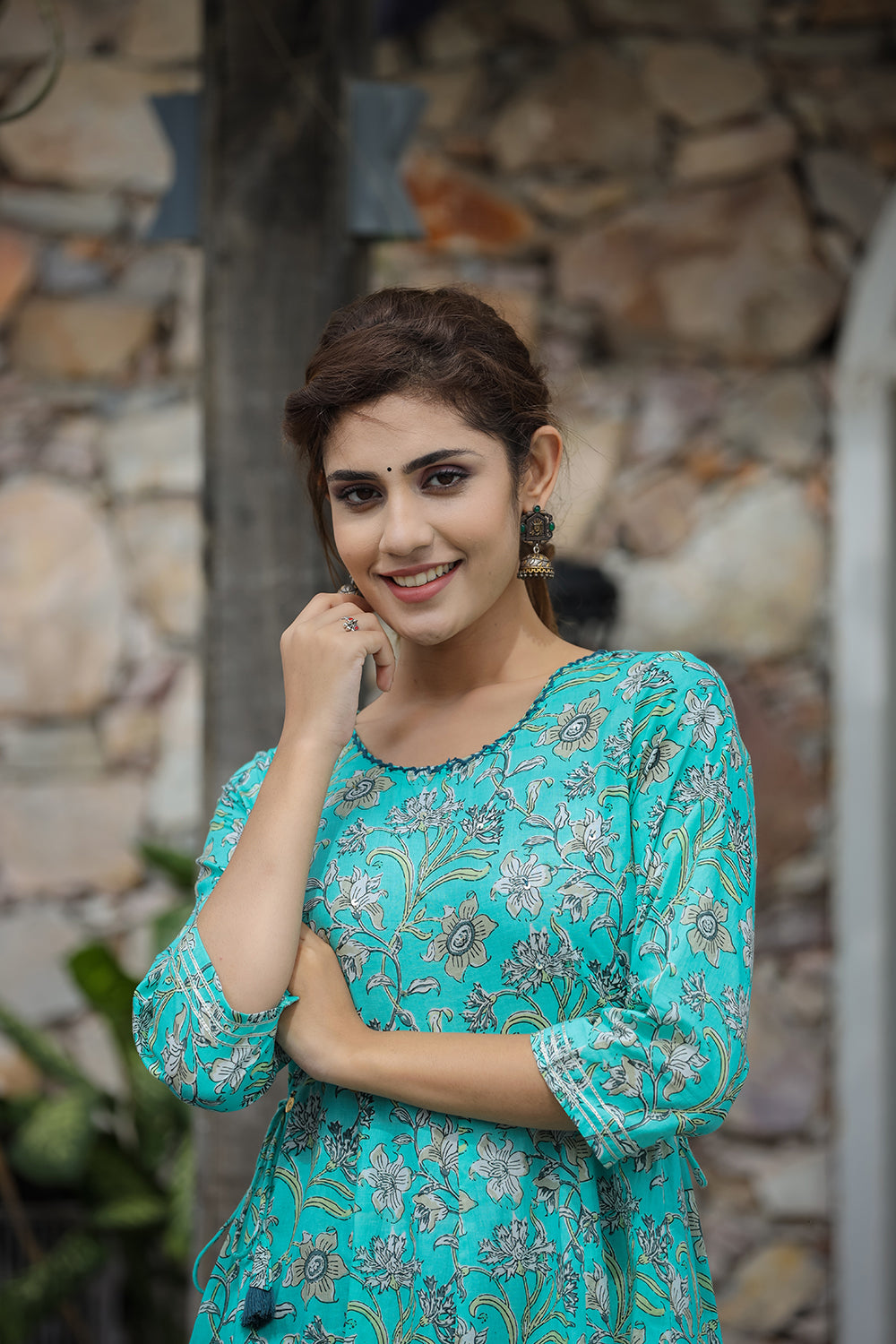 Kaajh Women's Sea Green Floral Printed Cotton Ethnic Dress - Distacart