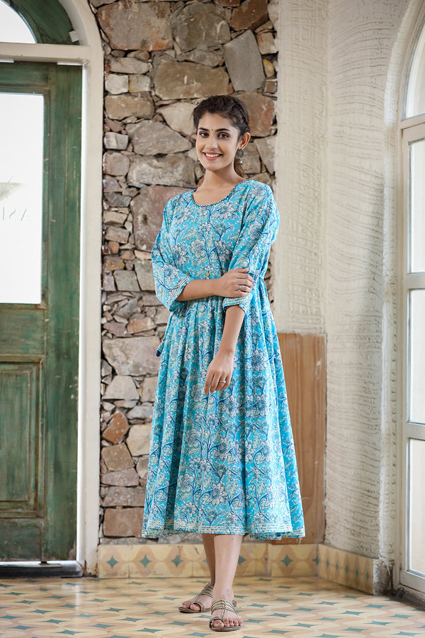 Kaajh Women's Sky Blue Floral Printed Cotton Ethnic Dress - Distacart
