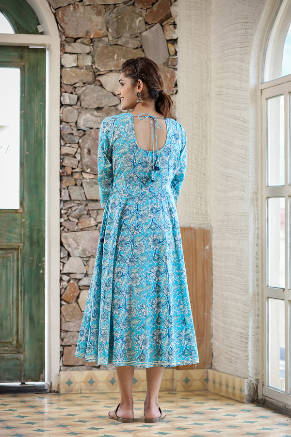Kaajh Women's Sky Blue Floral Printed Cotton Ethnic Dress - Distacart