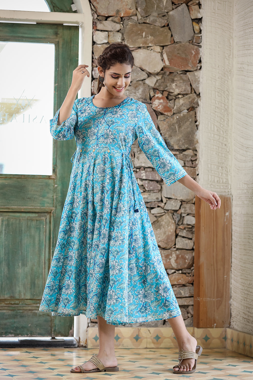 Kaajh Women's Sky Blue Floral Printed Cotton Ethnic Dress - Distacart