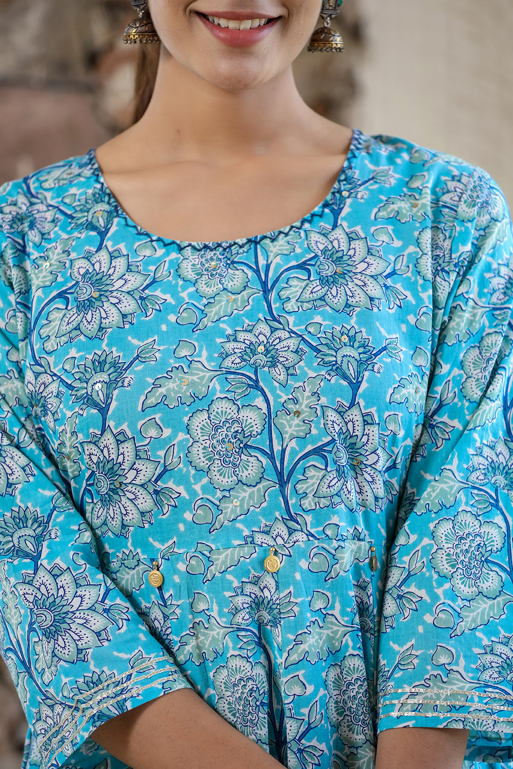 Kaajh Women's Sky Blue Floral Printed Cotton Ethnic Dress - Distacart