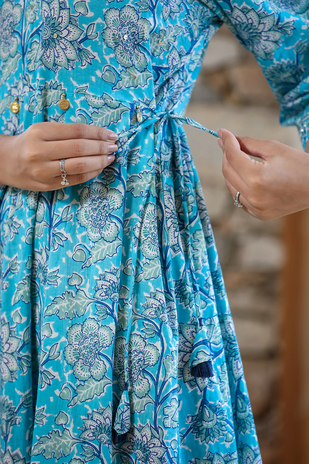 Kaajh Women's Sky Blue Floral Printed Cotton Ethnic Dress - Distacart