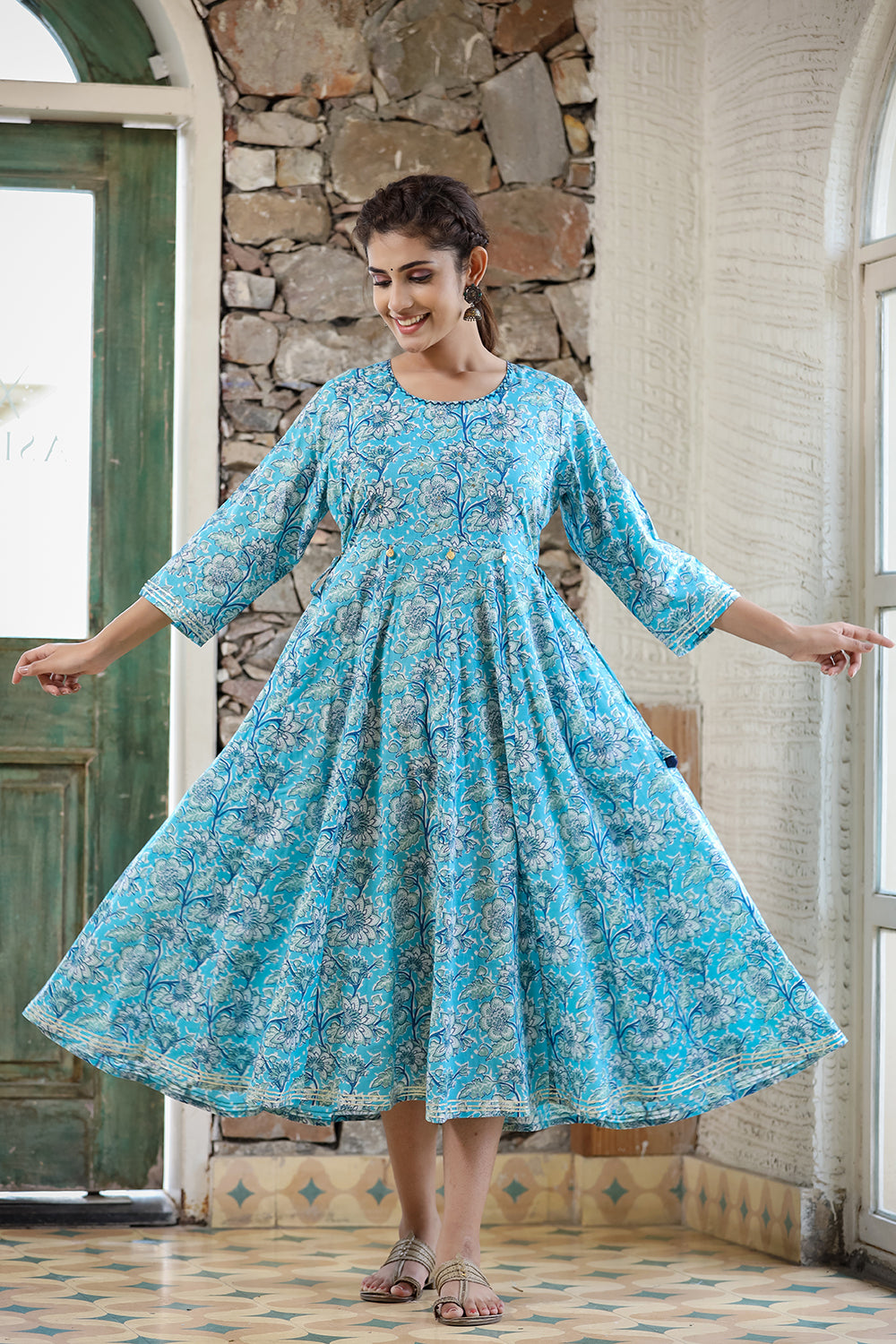 Kaajh Women's Sky Blue Floral Printed Cotton Ethnic Dress - Distacart