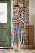 Thumbnail for Kaajh Women's Blue Red Floral Printed Cotton Ethnic Dress - Distacart