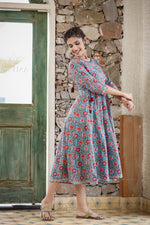 Thumbnail for Kaajh Women's Blue Red Floral Printed Cotton Ethnic Dress - Distacart