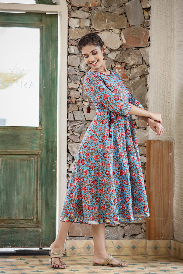 Kaajh Women's Blue Red Floral Printed Cotton Ethnic Dress - Distacart