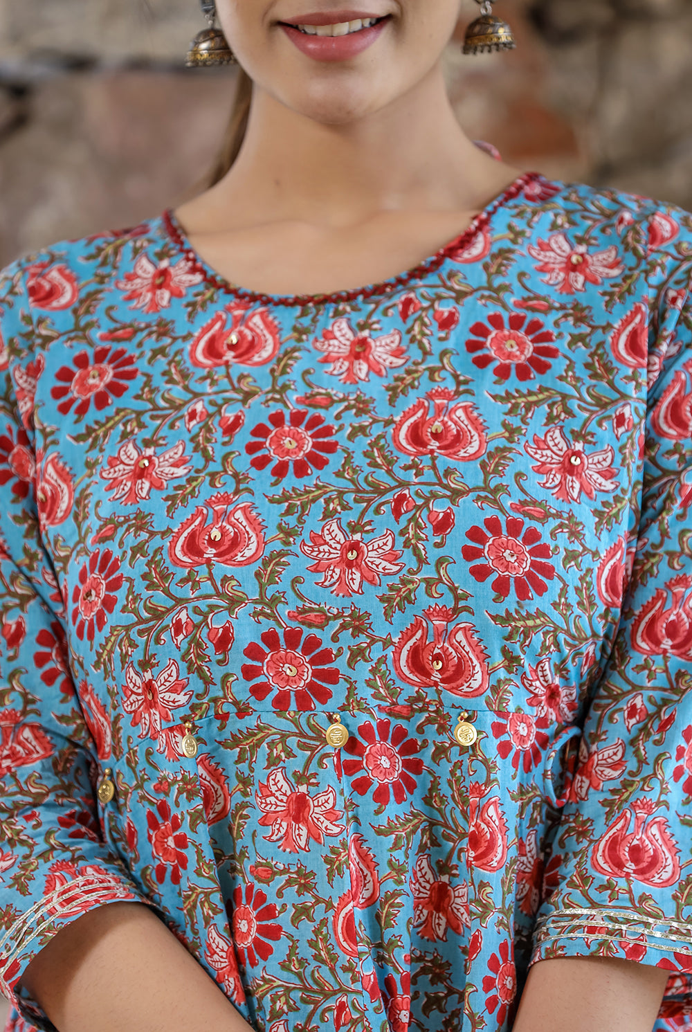 Kaajh Women's Blue Red Floral Printed Cotton Ethnic Dress - Distacart