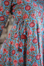 Thumbnail for Kaajh Women's Blue Red Floral Printed Cotton Ethnic Dress - Distacart
