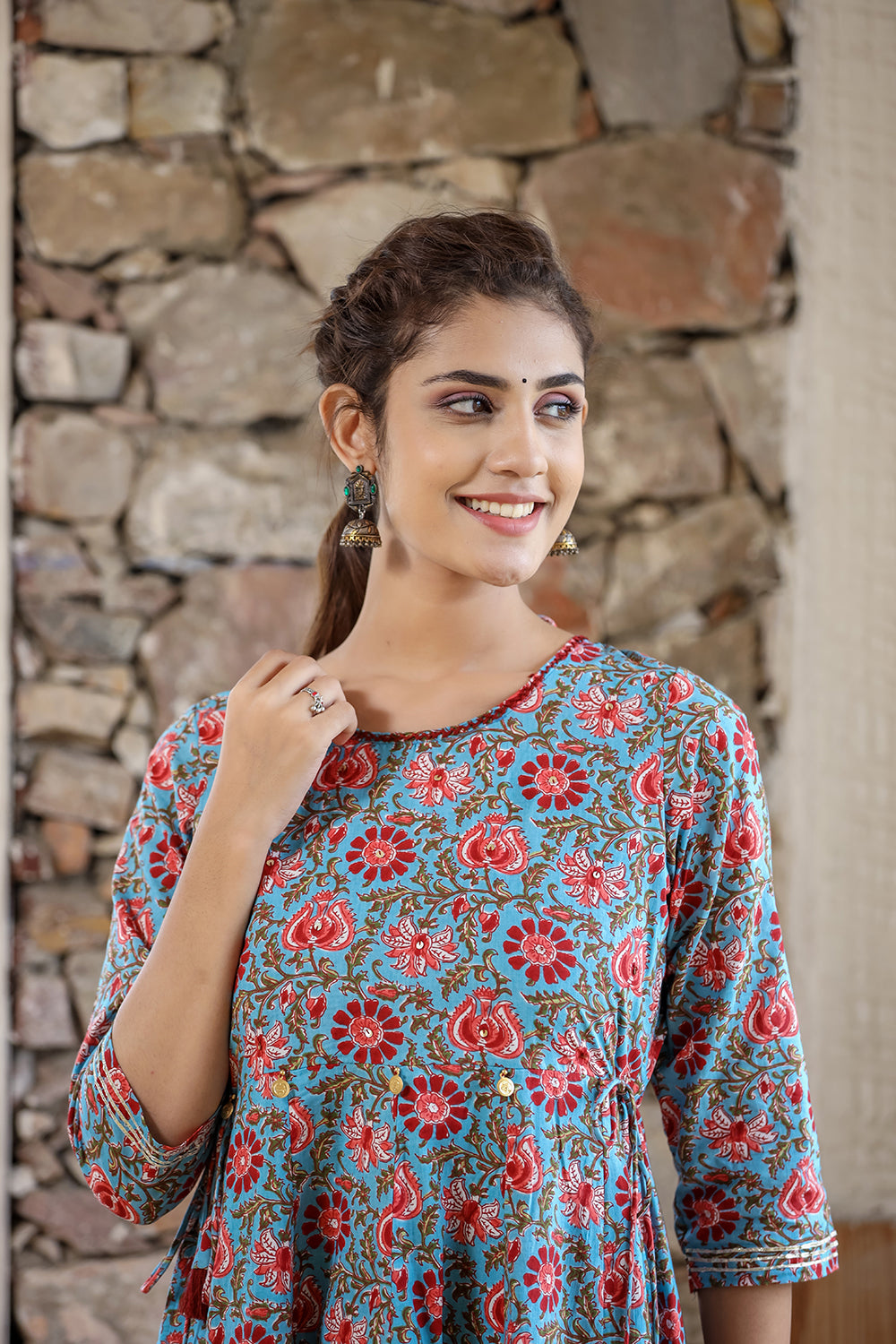 Kaajh Women's Blue Red Floral Printed Cotton Ethnic Dress - Distacart