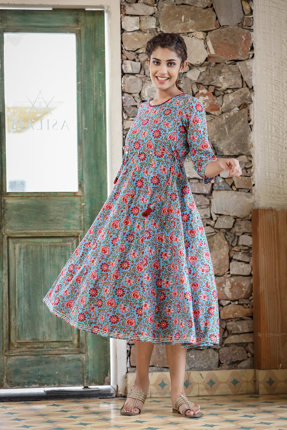 Kaajh Women's Blue Red Floral Printed Cotton Ethnic Dress - Distacart