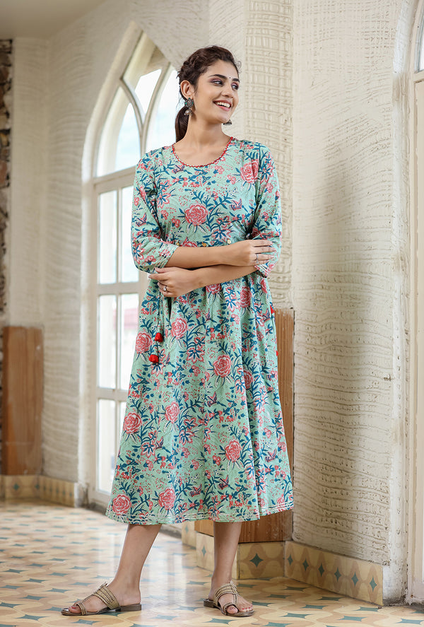 Kaajh Women's Light Green Floral Printed Cotton Ethnic Dress - Distacart