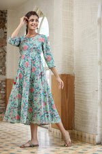 Thumbnail for Kaajh Women's Light Green Floral Printed Cotton Ethnic Dress - Distacart