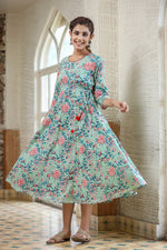 Thumbnail for Kaajh Women's Light Green Floral Printed Cotton Ethnic Dress - Distacart