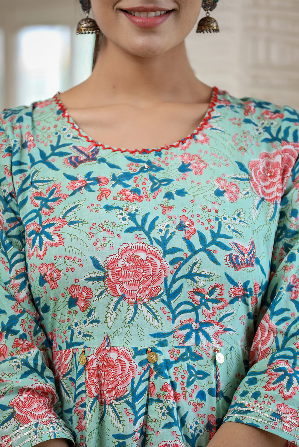 Kaajh Women's Light Green Floral Printed Cotton Ethnic Dress - Distacart