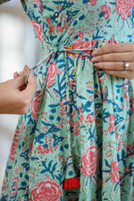 Thumbnail for Kaajh Women's Light Green Floral Printed Cotton Ethnic Dress - Distacart