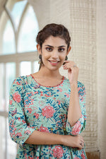 Thumbnail for Kaajh Women's Light Green Floral Printed Cotton Ethnic Dress - Distacart