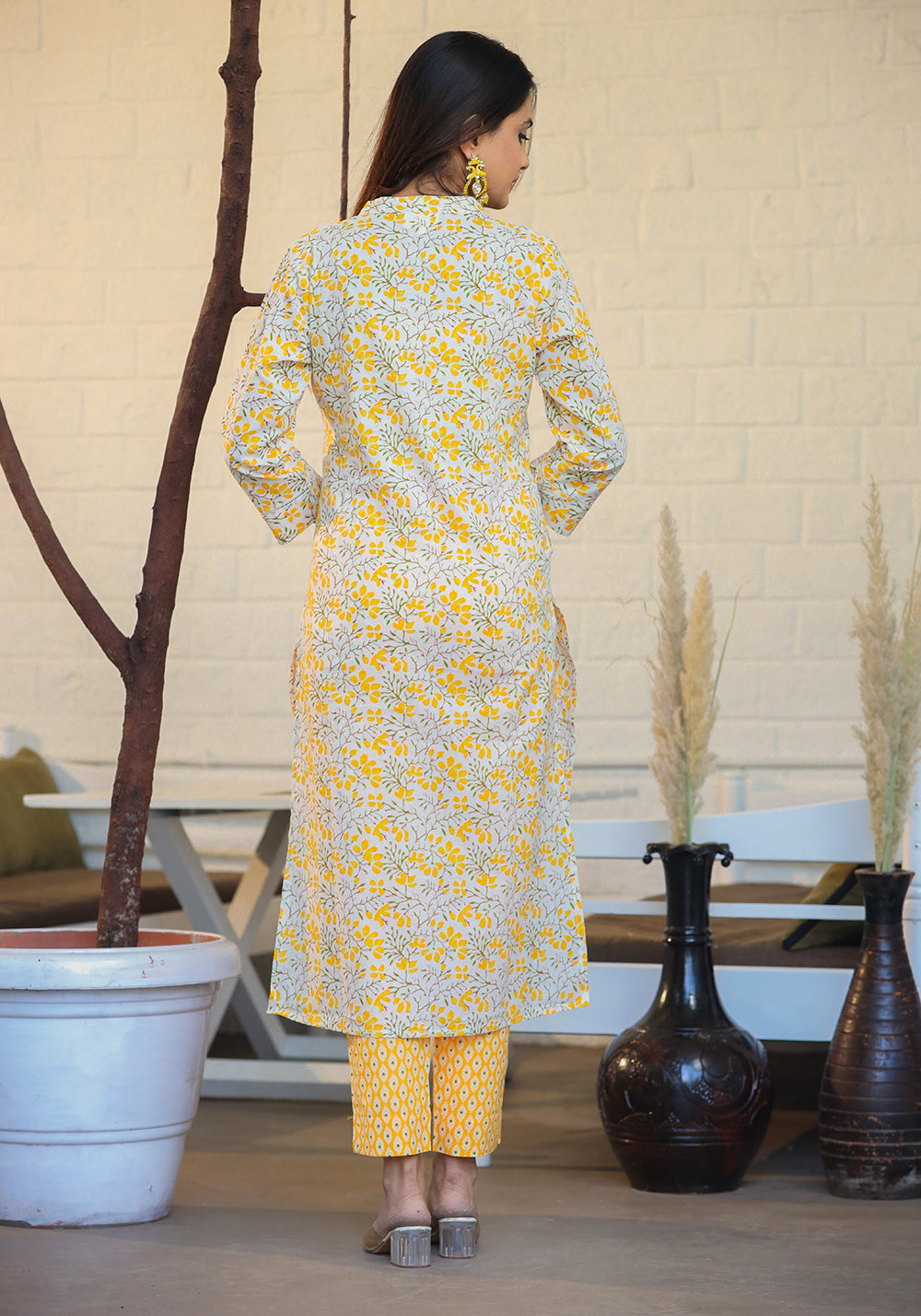 Kaajh Woman's Yellow Ethnic Print Cotton Kurta Pant Set With Dupatta - Distacart