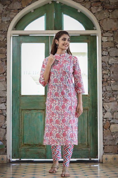Kaajh Women's Pink Floral Printed Kurta Pant Set - Distacart