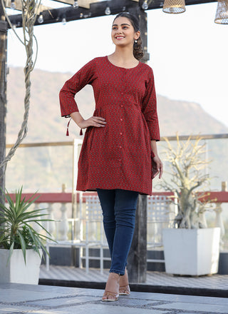 Kaajh Maroon Printed Shirt Style Cotton Tunic - Distacart