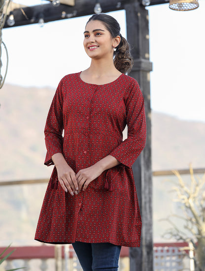 Kaajh Maroon Printed Shirt Style Cotton Tunic - Distacart