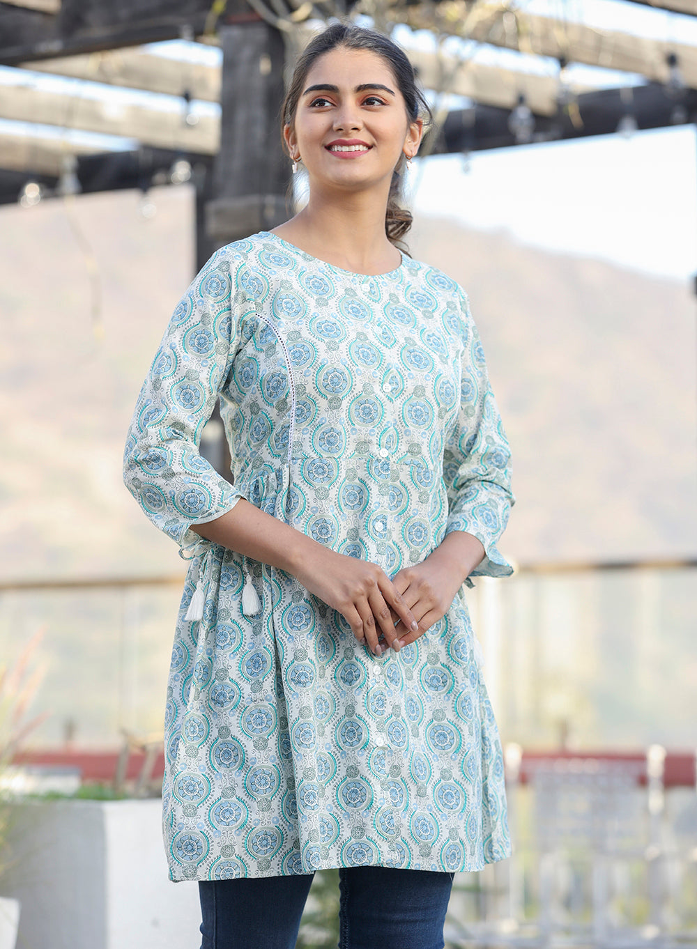 Kaajh Off White Green Printed Shirt Style Cotton Tunic - Distacart