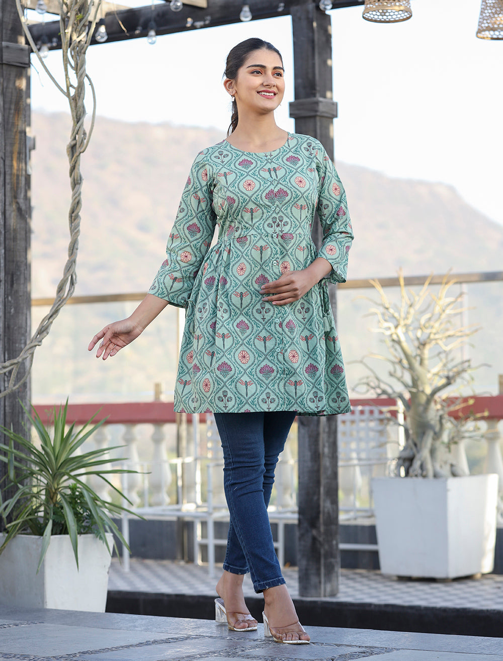 Kaajh Green Motif Printed Shirt Style Cotton Tunic - Distacart