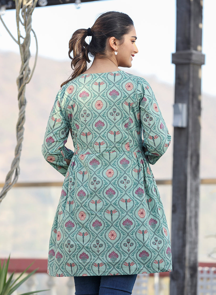 Kaajh Green Motif Printed Shirt Style Cotton Tunic - Distacart