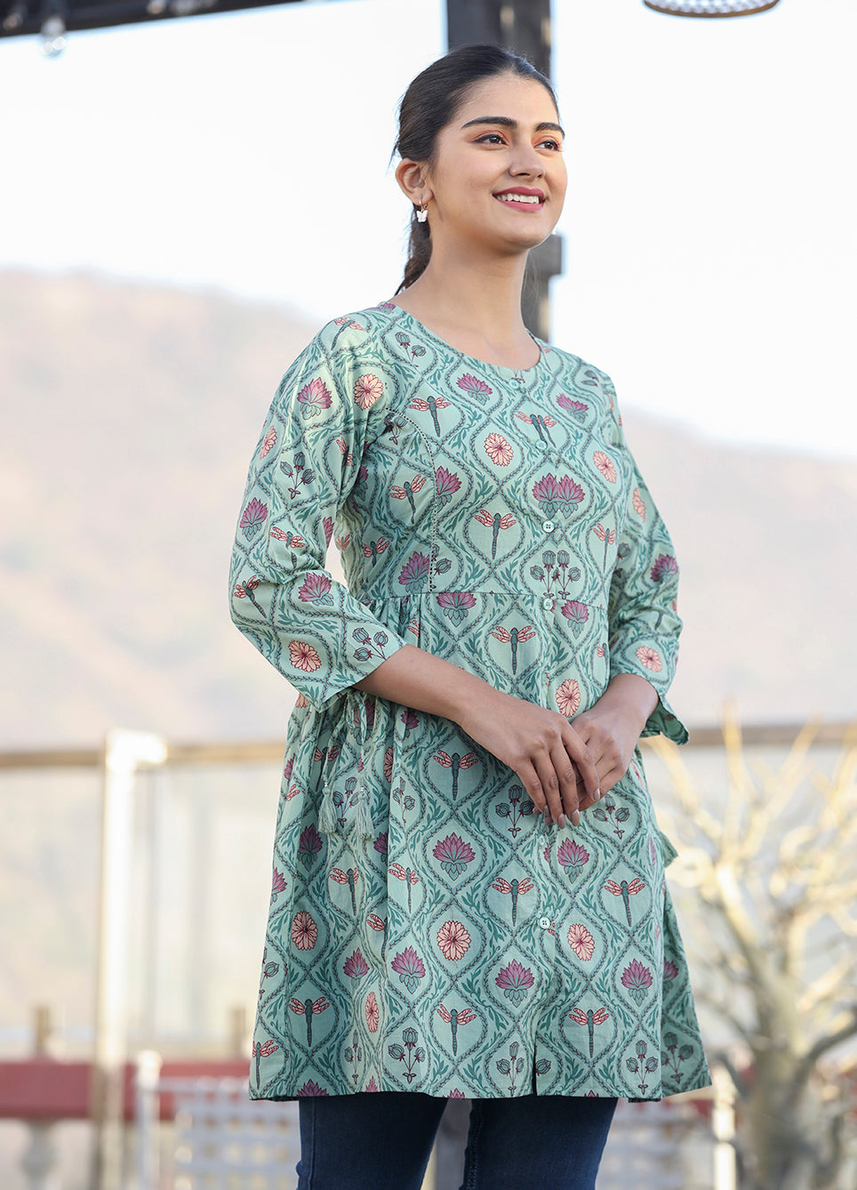 Kaajh Green Motif Printed Shirt Style Cotton Tunic - Distacart