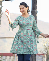 Thumbnail for Kaajh Green Motif Printed Shirt Style Cotton Tunic - Distacart