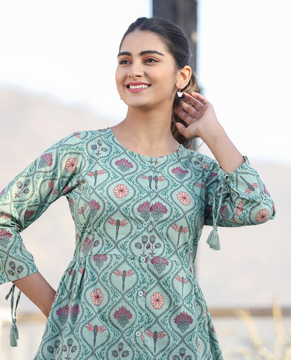 Kaajh Green Motif Printed Shirt Style Cotton Tunic - Distacart