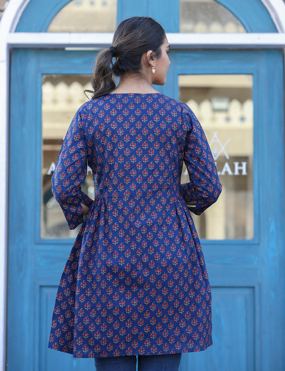 Kaajh Blue Printed Shirt Style Cotton Tunic - Distacart