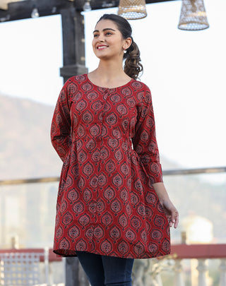 Kaajh Maroon Ajrak Print Cotton Shirt Style Tunic - Distacart