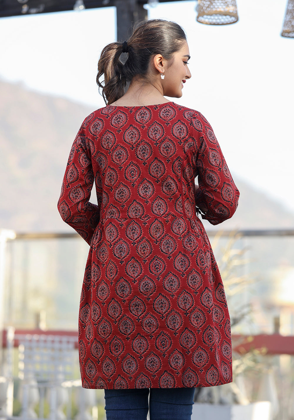 Kaajh Maroon Ajrak Print Cotton Shirt Style Tunic - Distacart