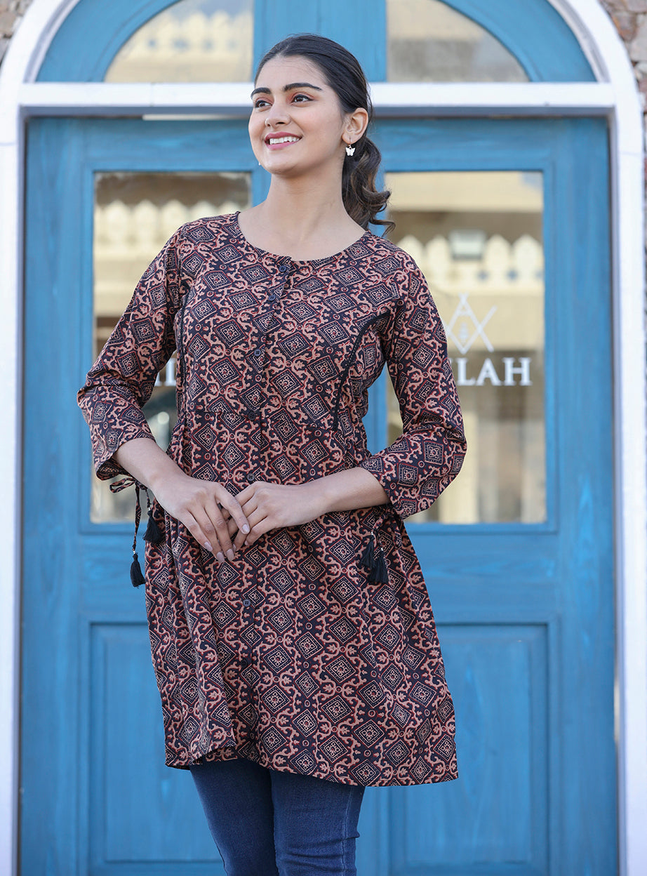 Kaajh Coffee Brown Cotton Shirt Style Tunic - Distacart